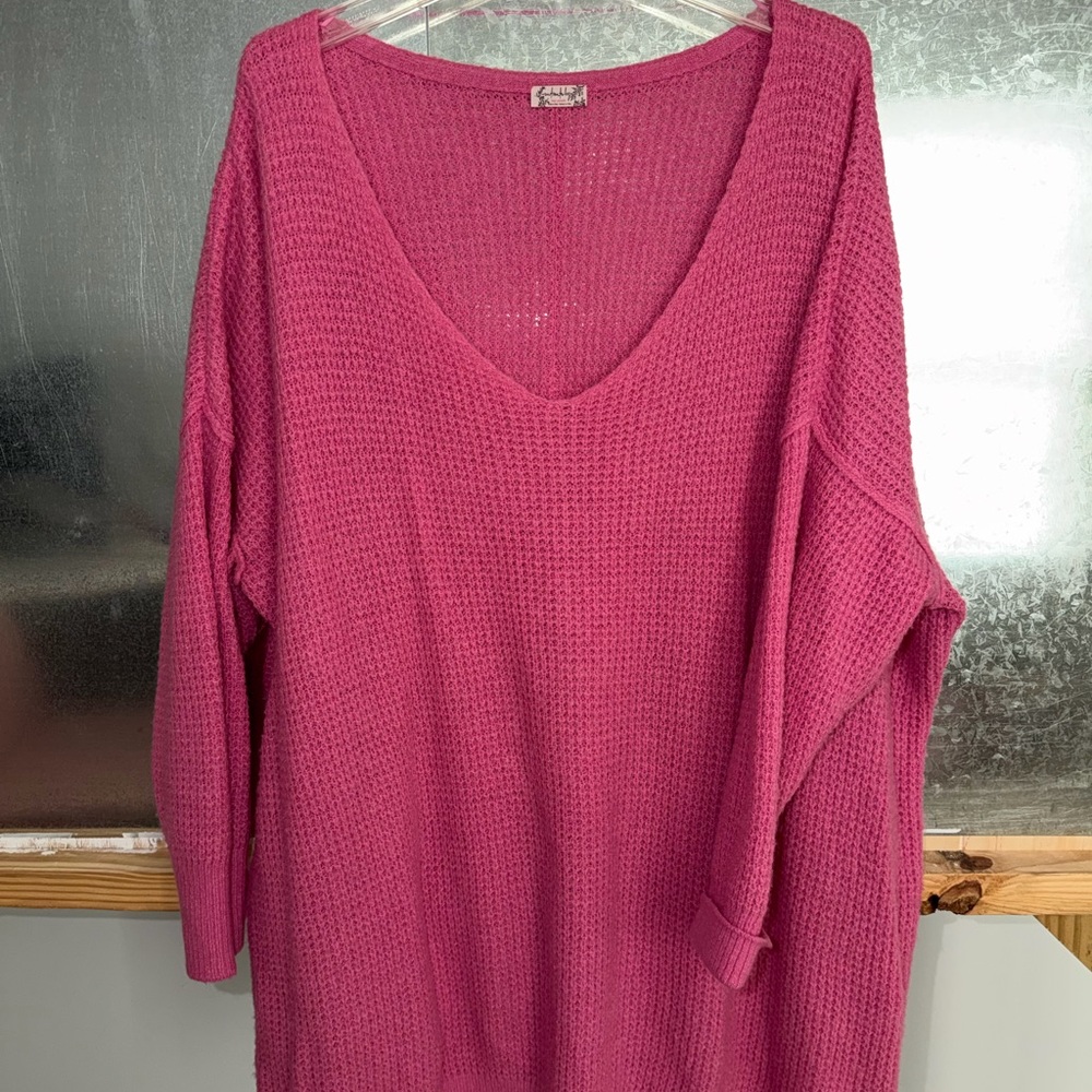 Free People Women's V-Neck Waffle Knit Sweater - Pink